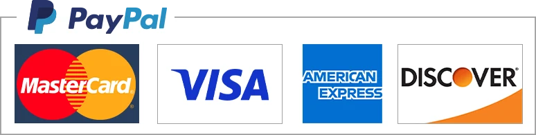 Betaalmethoden PayPal, MasterCard, Visa, American Express en Discover