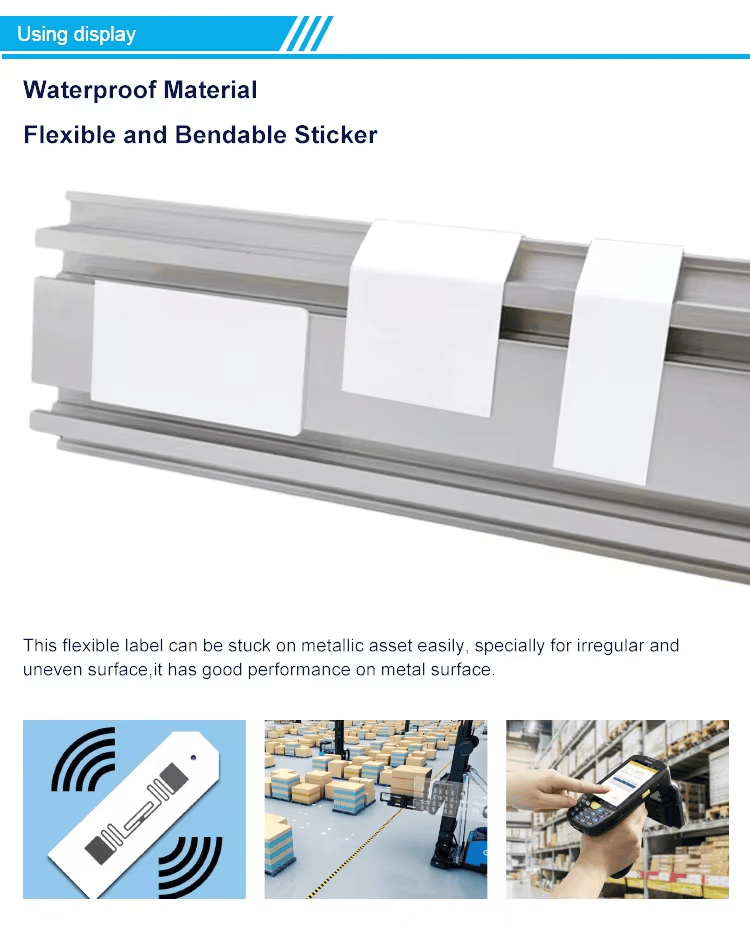 Flexibele on-metal UHF RFID-label met gegraveerd logo voor industriële RFID-toepassingen.