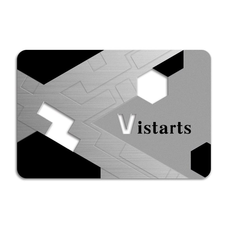 Roestvrijstalen metalen visitekaartjes op maat met geborstelde metalen afwerking en gegraveerd logo.