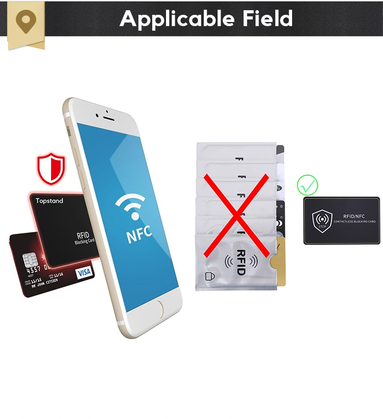Illustratie met een NFC-telefoon, RFID-kaarten en een blokkeerhoesje ter voorkoming van ongewenst contactloos uitlezen.