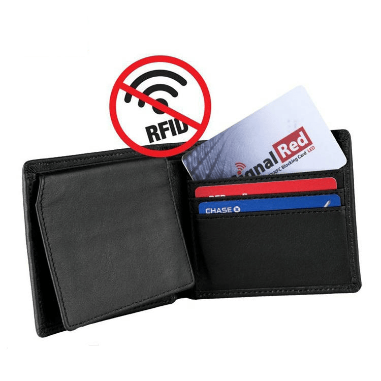 Illustratie van kaarten in een portemonnee met een RFID-blokkeersymbool ter verduidelijking van de beschermende werking.