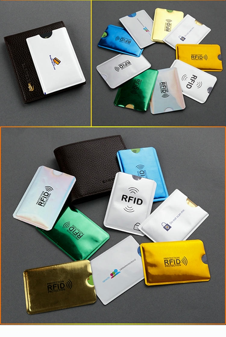 Collage van metallic RFID-blokkeerhoesjes met een portemonnee, waarin verschillende kleuren en toepassingen worden getoond.