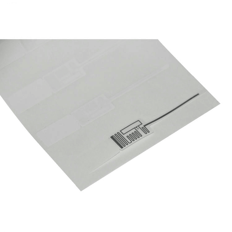 Een close-up van het productvel toont het antennepatroon van het RFID-sieradenlabel en de bedrukbare voorkant van het labelmateriaal.