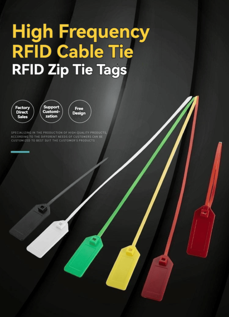 Donkere poster toont RFID-kabelbindertags model Z42528-1 in meerdere kleuren en vermeldt ondersteuning voor maatwerk met high-frequency chips.