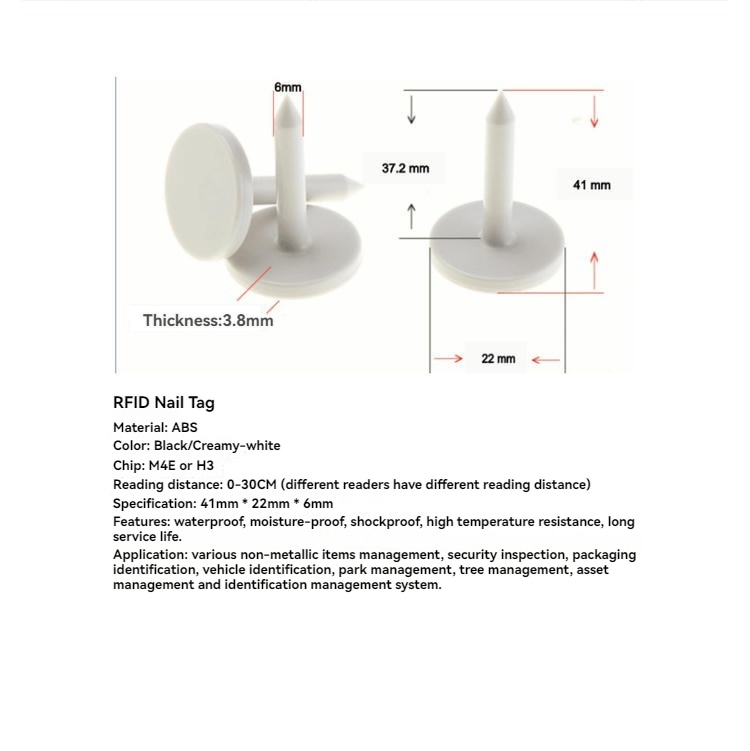 RFID-spijkertag met maataanduidingen en productgegevens over formaat, materiaal en toepassing.