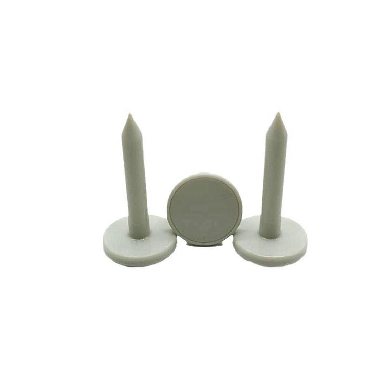Deze afbeelding toont twee rechtopstaande RFID spijker tags naast één frontaal tag om de standaard ABS behuizing constructie te benadrukken.