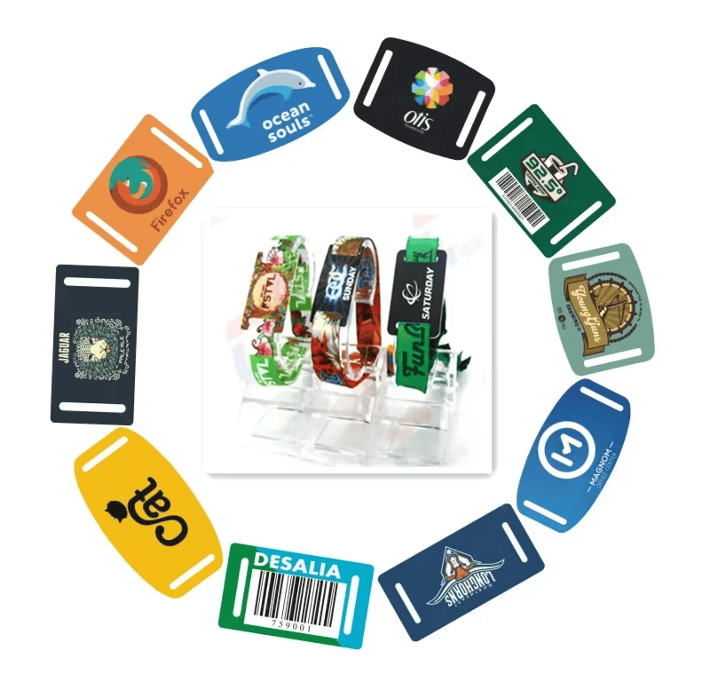Elastische RFID-polsbandjes voor attractieparken met een close-up van materiaal en afwerking.