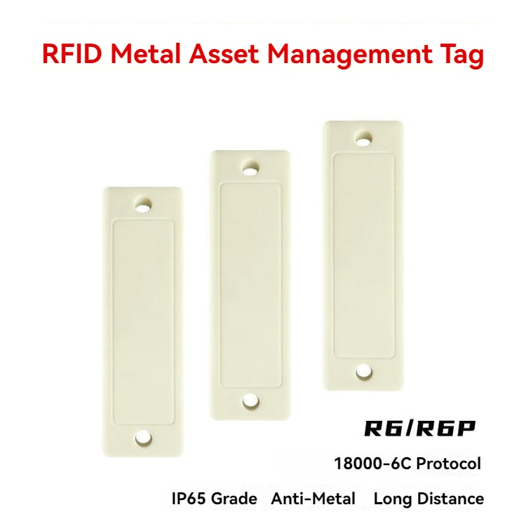 Compacte ABS On-Metal RFID-tag voor activatracering met geborstelde metalen afwerking.
