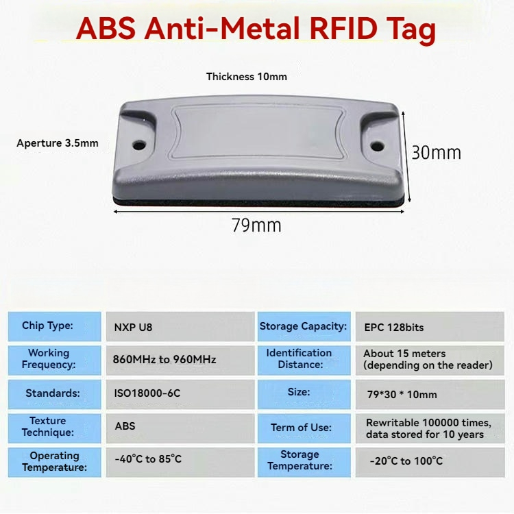 Productfoto van ABS On-Metal RFID-tags voor fabrieks-MRO-assets met montagezijde.