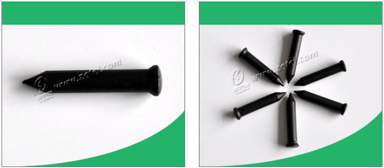 Deze collage toont links één NAIL06-4 RFID-spijkertag en rechts een productopstelling met zes stuks.