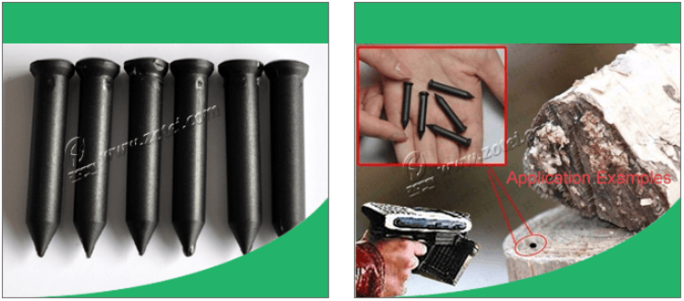 Deze collage toont zes rechtopstaande NAIL06-4 RFID-spijkertags en een toepassing voor houttracking met handheld reader.
