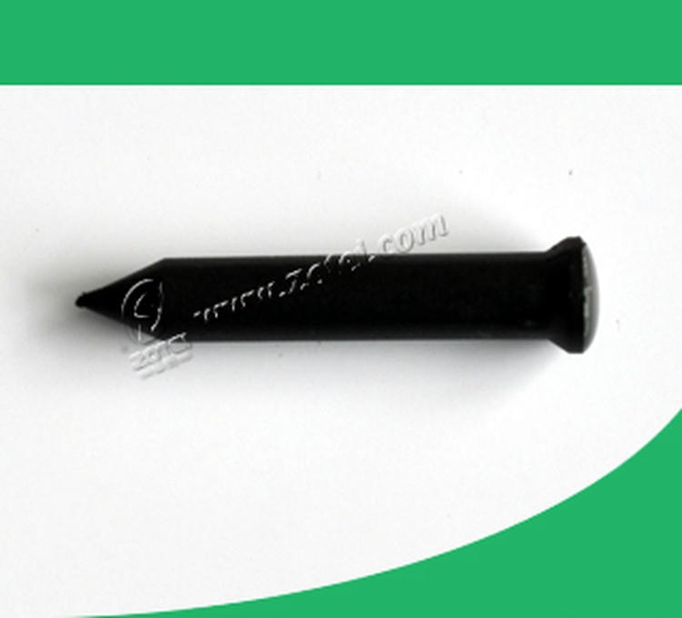 Deze zijaanzicht afbeelding toont een zwarte NAIL06-4 RFID spijker tag horizontaal gelegd om zijn puntige punt en platte kop te markeren.