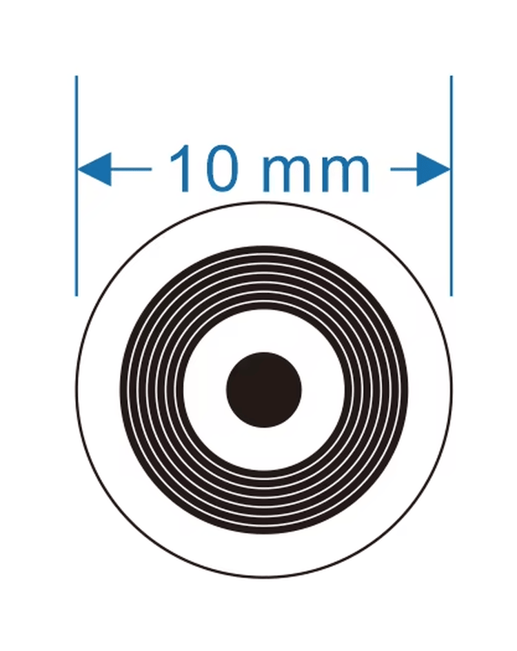 FPC10-1 maattekening toont de indeling van een ronde 10mm on-metal NFC-tag ter controle van het microformaat vóór installatie.