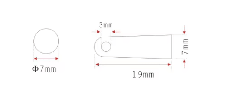 Maattekening van RFID bullet tube tag model SV-005 met gatpositie en totale lengte voor boom- en gereedschapsidentificatie.