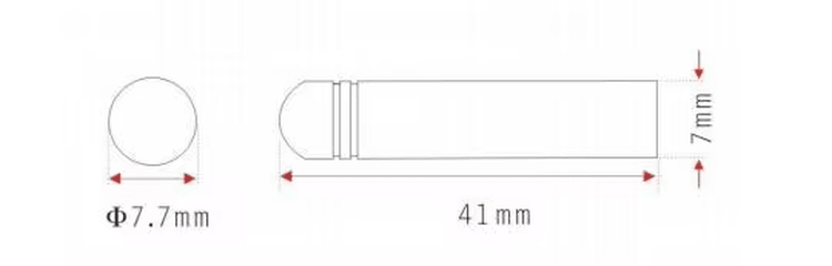 Maattekening van RFID bullet tube tag model SV-006 met diameter en lengte voor het kiezen van de juiste boormaat in hout.