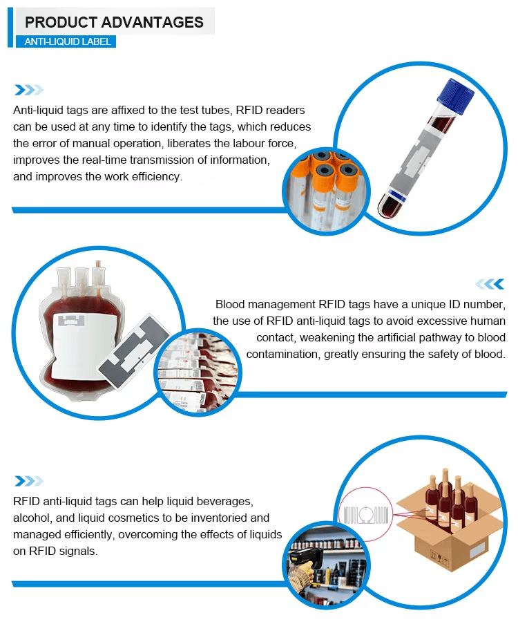 Op maat gemaakte on-liquid RFID-labels voor vloeistofflessen met focus op de kleeflaag voor on-liquid RFID-labelprojecten.