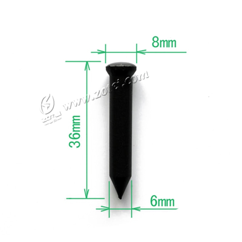 Deze afbeelding toont een zwarte NAIL06-4 RFID-spijkertag met maatlabels voor totale lengte, kopbreedte en lichaamsdiameter.
