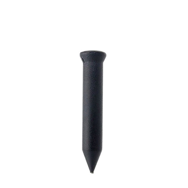 Deze afbeelding toont één zwarte NAIL06-4 RFID-spijkertag in vooraanzicht met volledige cilindrische body en punt.