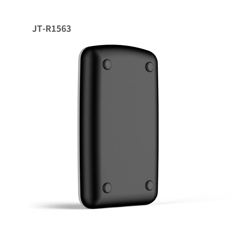 Achteraanzicht van de JT-R1563 HF RFID desktoplezer die de zwarte achterkant met vier rubberen voeten toont voor stabiele plaatsing.