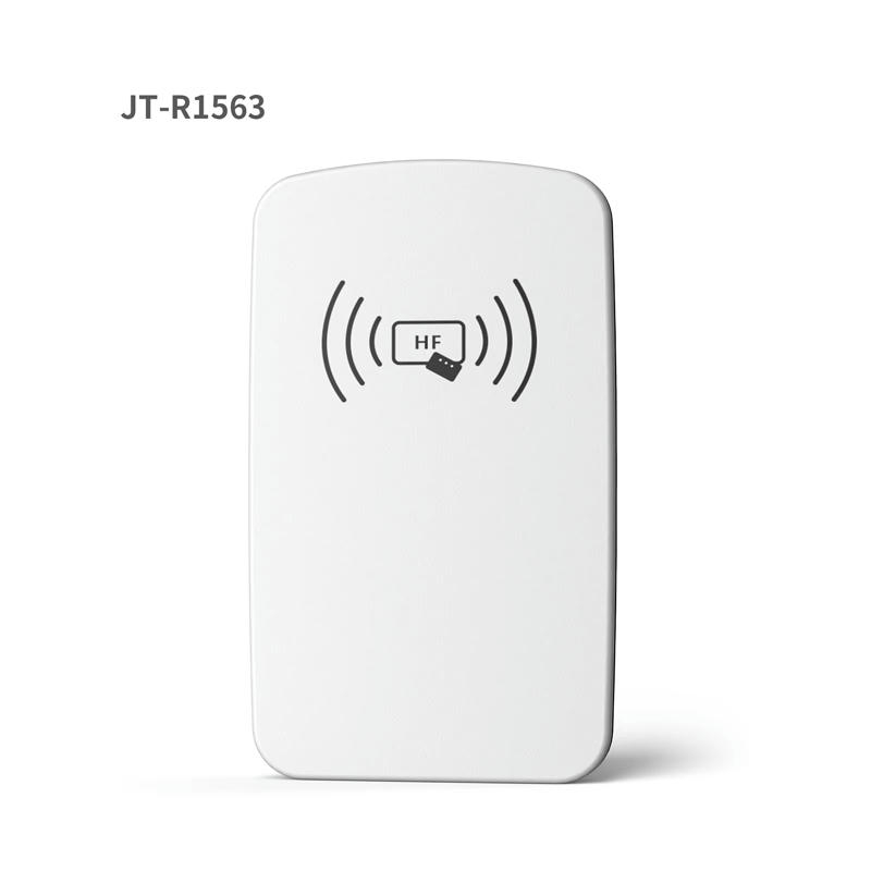 Vooraanzicht van de JT-R1563 13.56MHz HF RFID bureaubladlezer die het contactloze HF symbool op de witte bovenhoes toont.