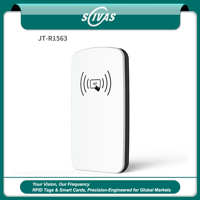 Studio hoofdafbeelding van de JT-R1563 13.56MHz HF RFID desktop lezer staand rechtop met een contactloos HF pictogram.