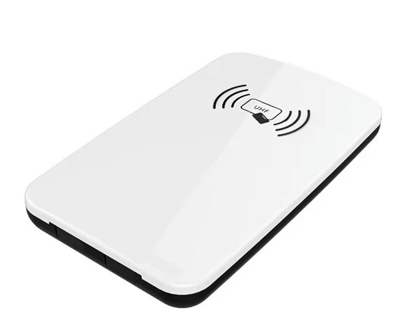 Bovenaanzicht van de JT-R1563 HF RFID desktoplezer met glad wit oppervlak en contactloze antenne-indicatie.