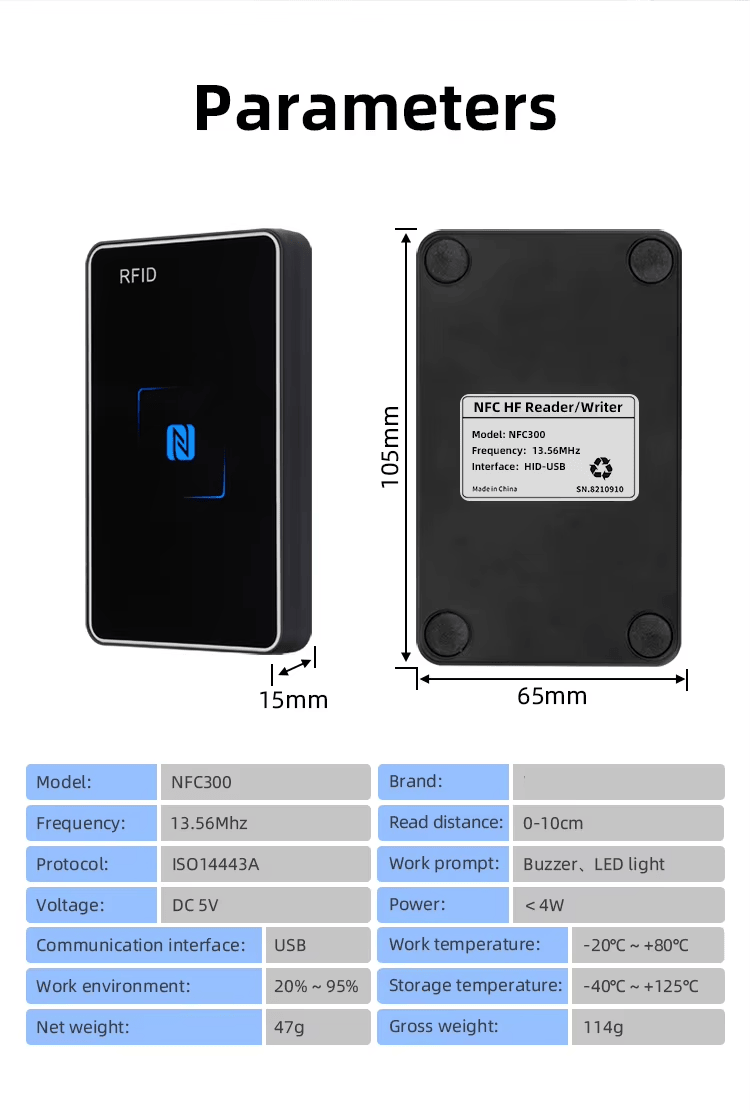 Afbeelding toont voor- en achteraanzicht, parameters en afmetingen van de NFC300 voor installatieplanning.