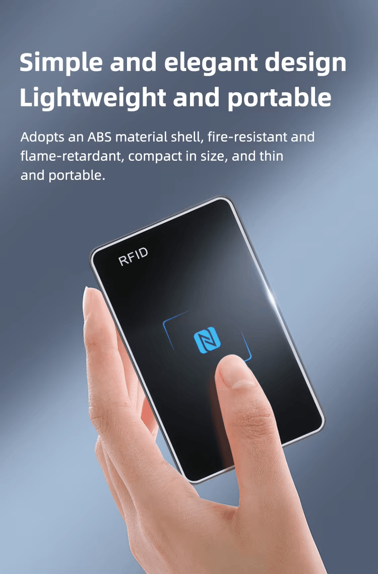 Poster toont het lichte en draagbare ontwerp van de NFC300 NFC-kaartlezer.