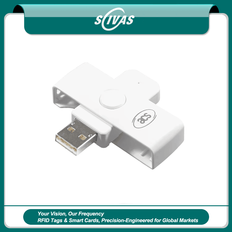De ACR39U-N1 PochetMate II smartcard lezer wordt getoond in een ingelijste banner met zijn witte draaibare behuizing en USB Type-A plug.