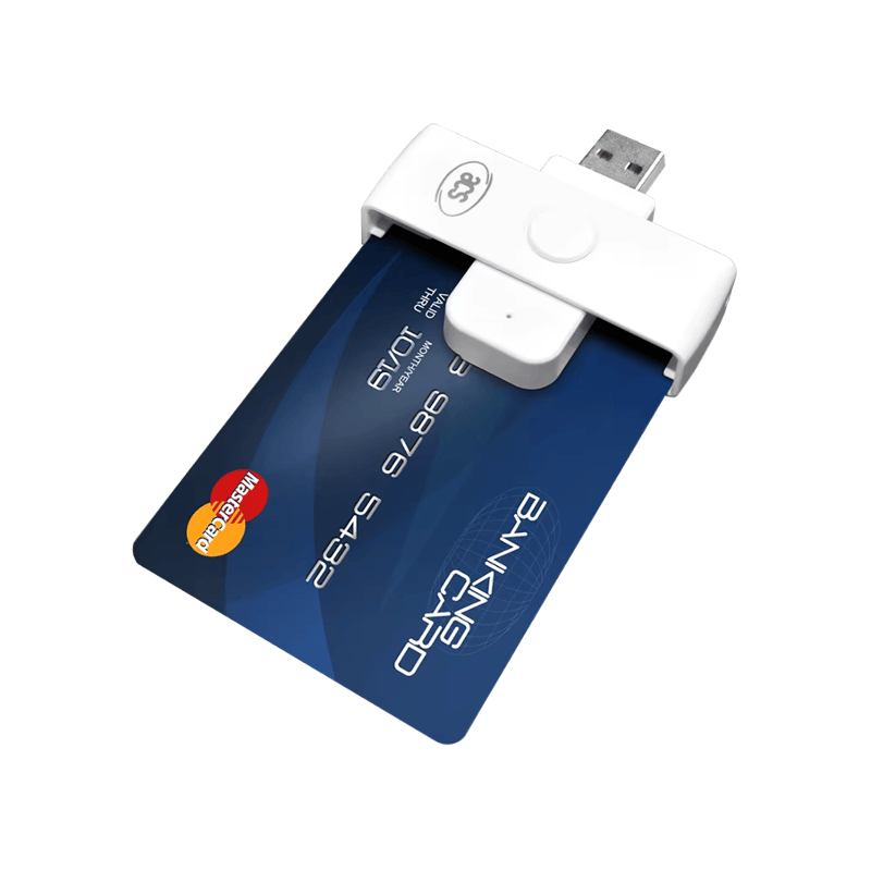 De ACR39U-N1 PocketMate II smartcardlezer wordt getoond met een bankkaart van volledige grootte die wordt geplaatst om veilige kaartlezen aan te tonen.