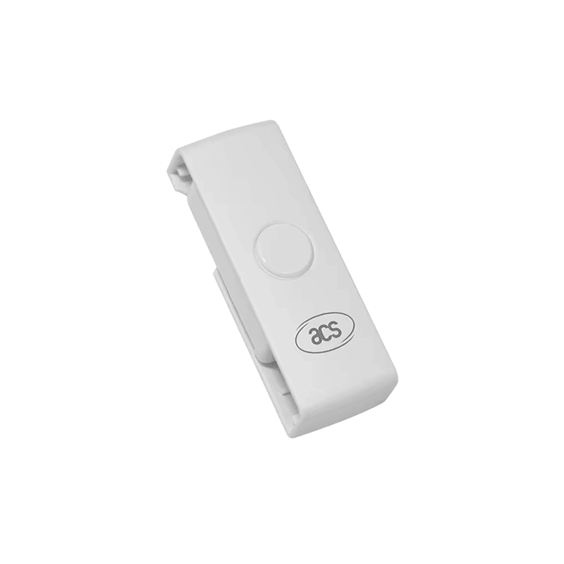 De ACR39U-N1 PocketMate II smartcardlezer wordt in zijn gesloten draaipositie getoond om het compacte draagbare behuizing ontwerp te benadrukken.