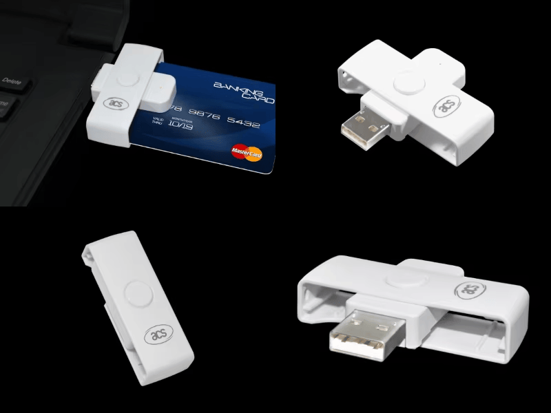 Collage van de ACR39U-N1 PocketMate II-smartcardlezer met een geplaatste kaart, gesloten behuizing en geopende USB-aansluiting.