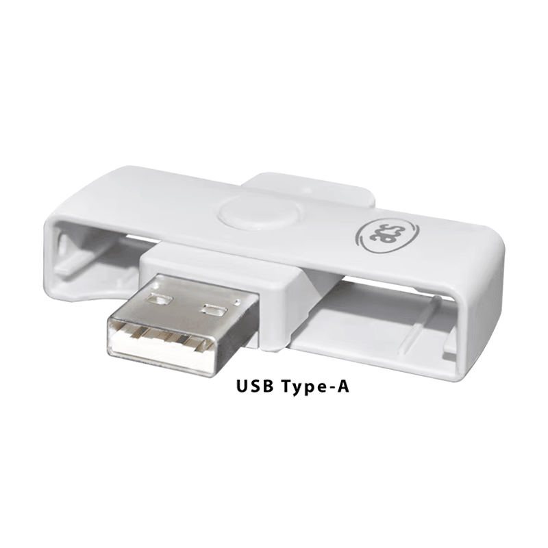 De ACR39U-N1 PocketMate II-smartcardlezer met blootliggende USB Type-A-connector om het aansluitformaat te tonen.