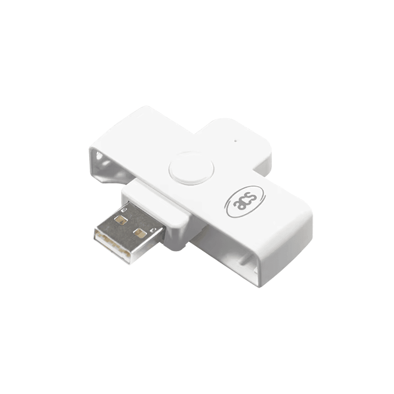 Productweergave van de ACR39U-N1 PocketMate II-smartcardlezer met witte behuizing en USB Type-A-stekker.