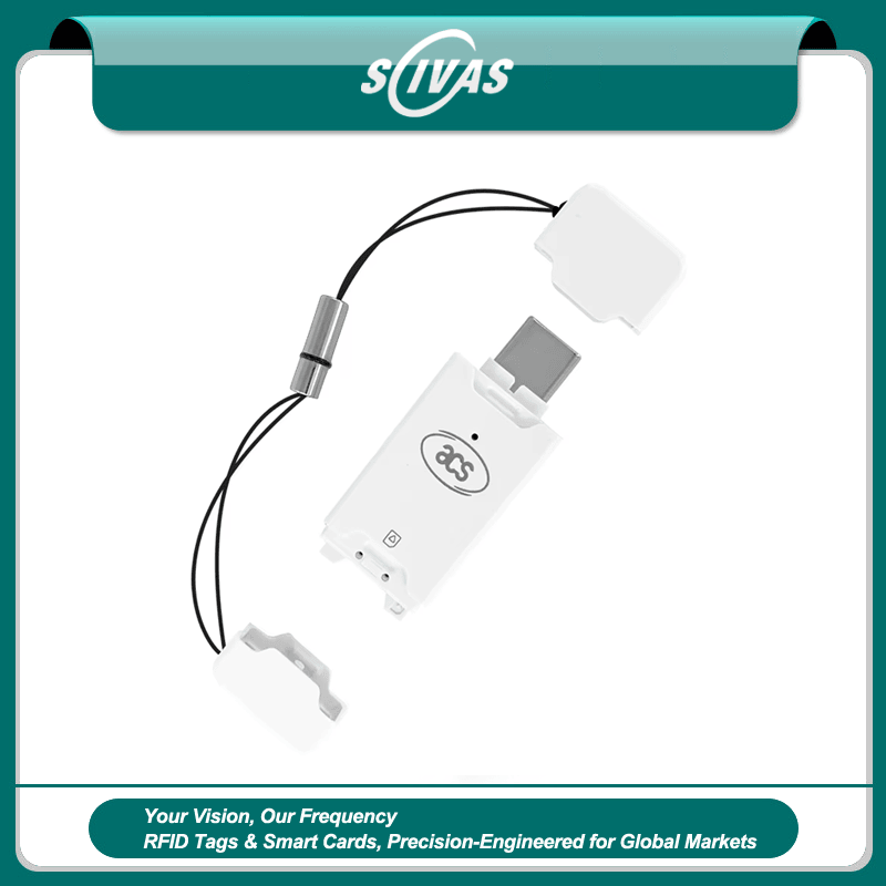 De ACR40T SIM kaart knoplezer wordt weergegeven in een ingelijste banner afbeelding met de USB stekkerdop lanyard en afneembare schuifdelen.
