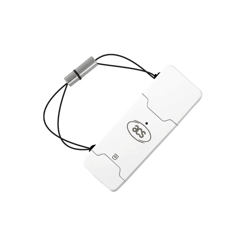 De ACR40T SIM kaart knoplezer wordt weergegeven in een gesloten slanke vorm met de lanyard bevestigd om de nadruk te leggen op zijn draagbare zakontwerp.