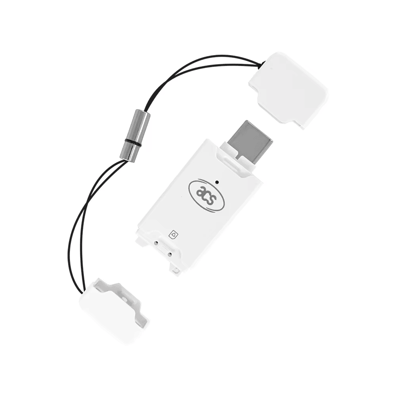 De ACR40T-simkaartlezer met knop in een draagbare uitvoering, met duidelijk zichtbare beschermkap voor de USB Type-C-stekker en draagkoord.