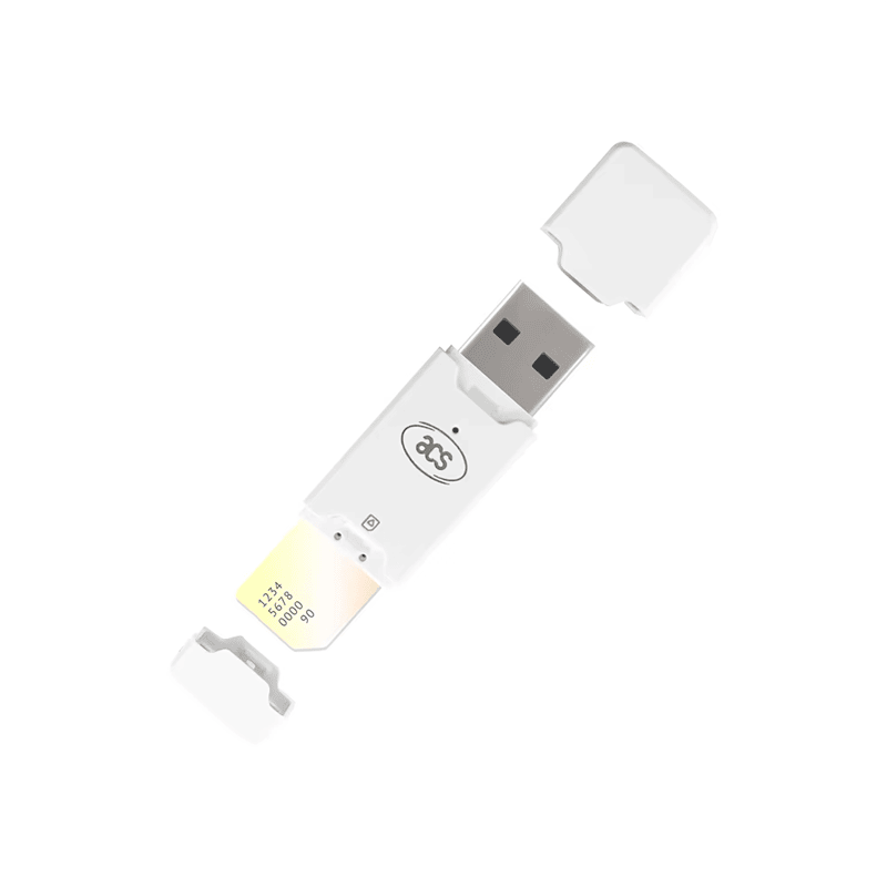 De ACR40T SIM kaart knoplezer wordt gepresenteerd met een USB Type-A plug en ingevoegd SIM formaat kaart voor compacte desktop authenticatie.