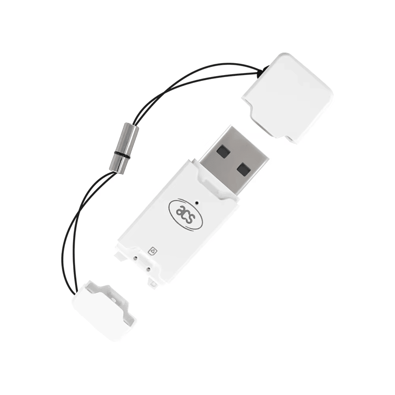 De ACR40T SIM kaart knop lezer wordt weergegeven met de USB Type-A connector blootgesteld naast de cap en lanyard accessoires.