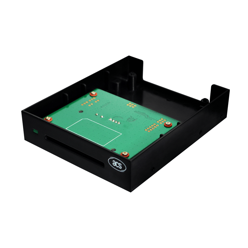 De ACR39F-A2-smartcardlezer is afgebeeld met zijn zwarte behuizing en zichtbare interne printplaatconstructie.