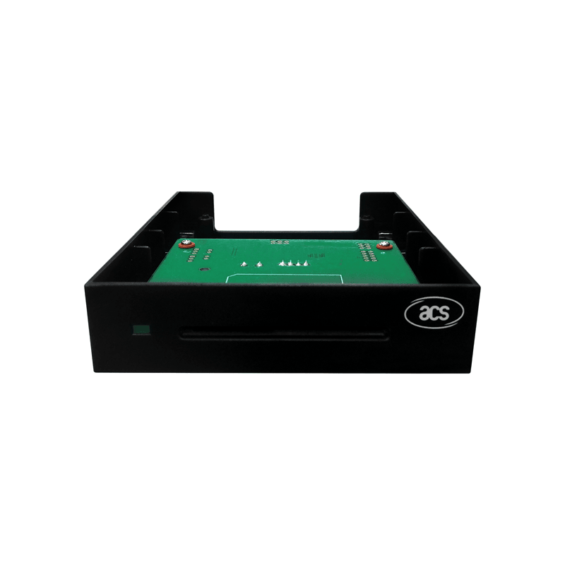 De ACR39F-A2-smartcardlezer is recht van voren weergegeven, met de compacte kaartsleuf en de indeling van het frontpaneel duidelijk in beeld.