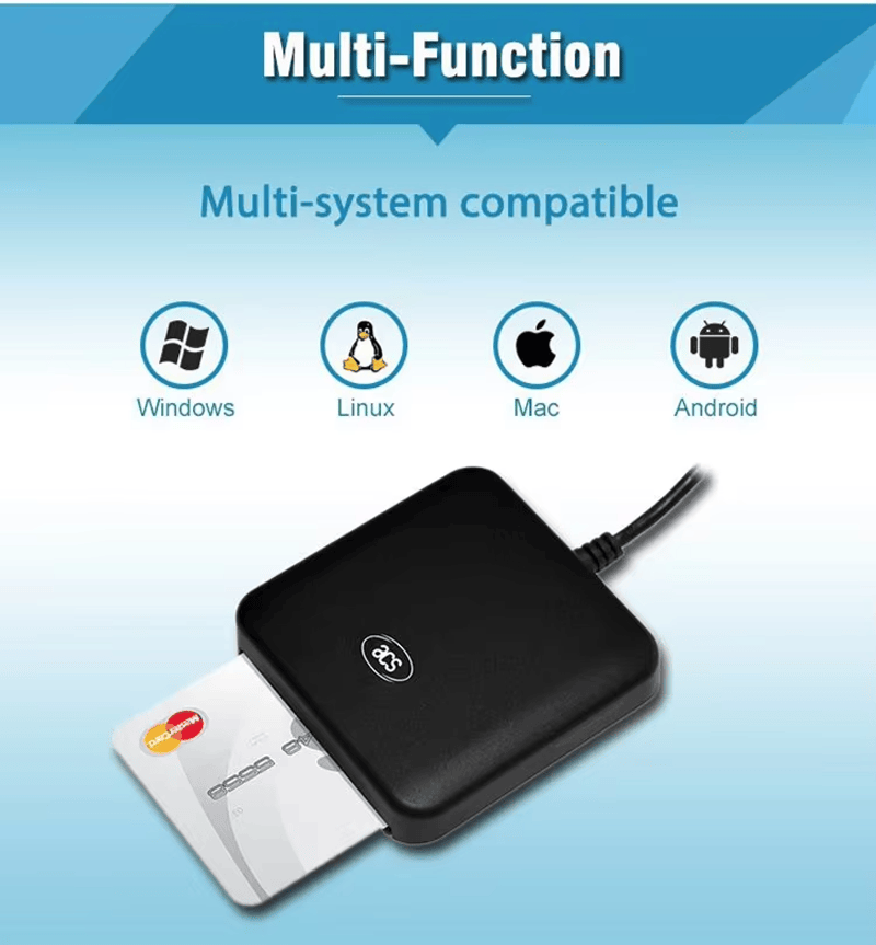 De compatibiliteitsafbeelding van de ACR39U-smartcardlezer toont ondersteuning voor Windows, Linux, Mac en Android.