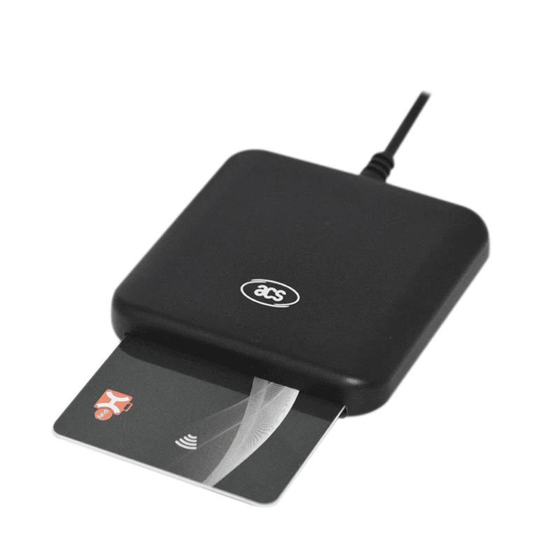 De ACR39U-smartcardlezer wordt met een gedeeltelijk ingestoken smartcard weergegeven om praktisch gebruik voor kaartauthenticatie op kantoor te illustreren.