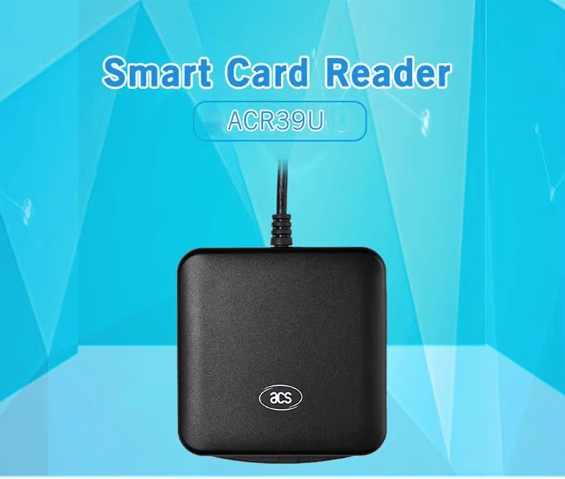 De ACR39U-smartcardlezer staat in een blauwe productafbeelding waarin het compacte desktopontwerp en de productnaam worden benadrukt.