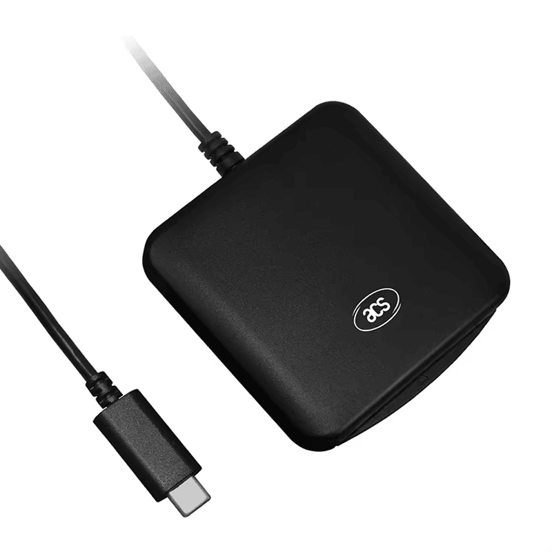 De ACR39U-smartcardlezer wordt naast een USB Type-C-connector weergegeven om een alternatieve aansluiting op hostapparaten te tonen.