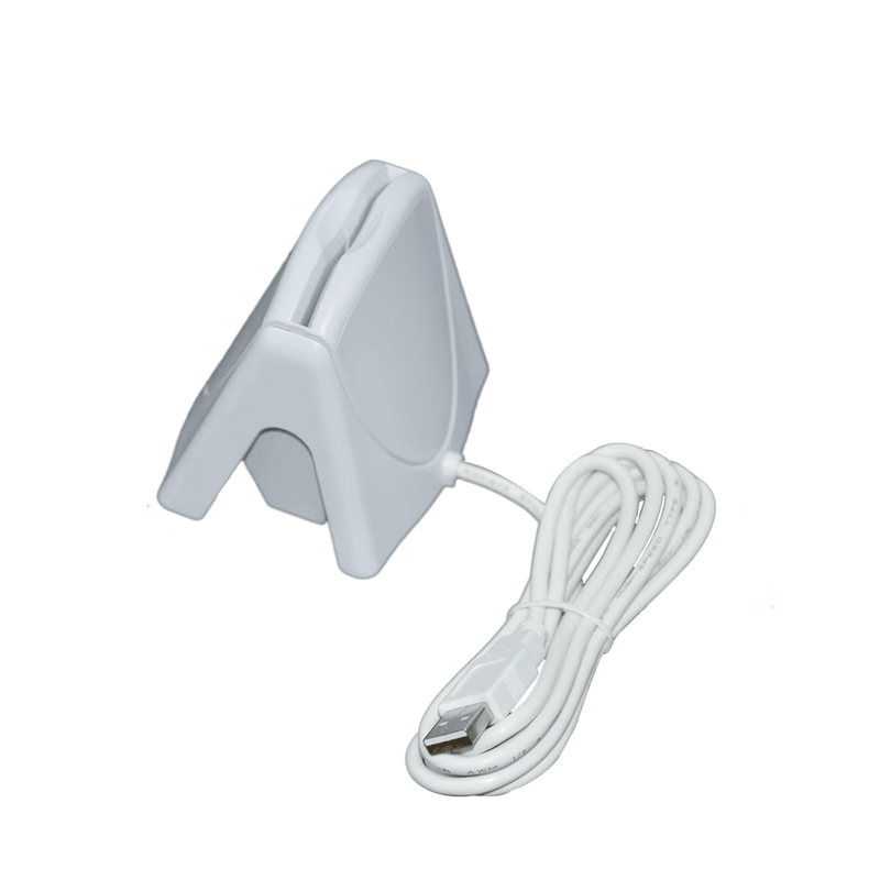 De ACR39U-H1 smartcard lezer wordt vanaf de achterzijde getoond met de bijbehorende USB kabel naast de desktop unit.