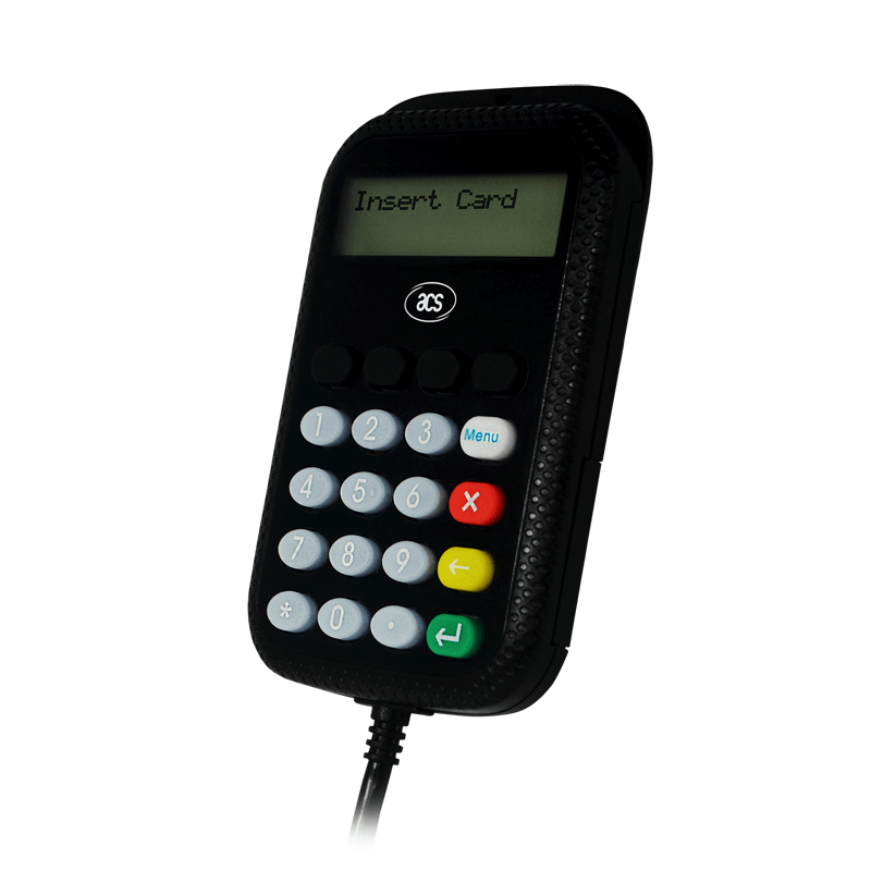 De APG8201-B2 smartcard-pinpad wordt getoond met de tekst Insert Card op het scherm boven het toetsenbord.