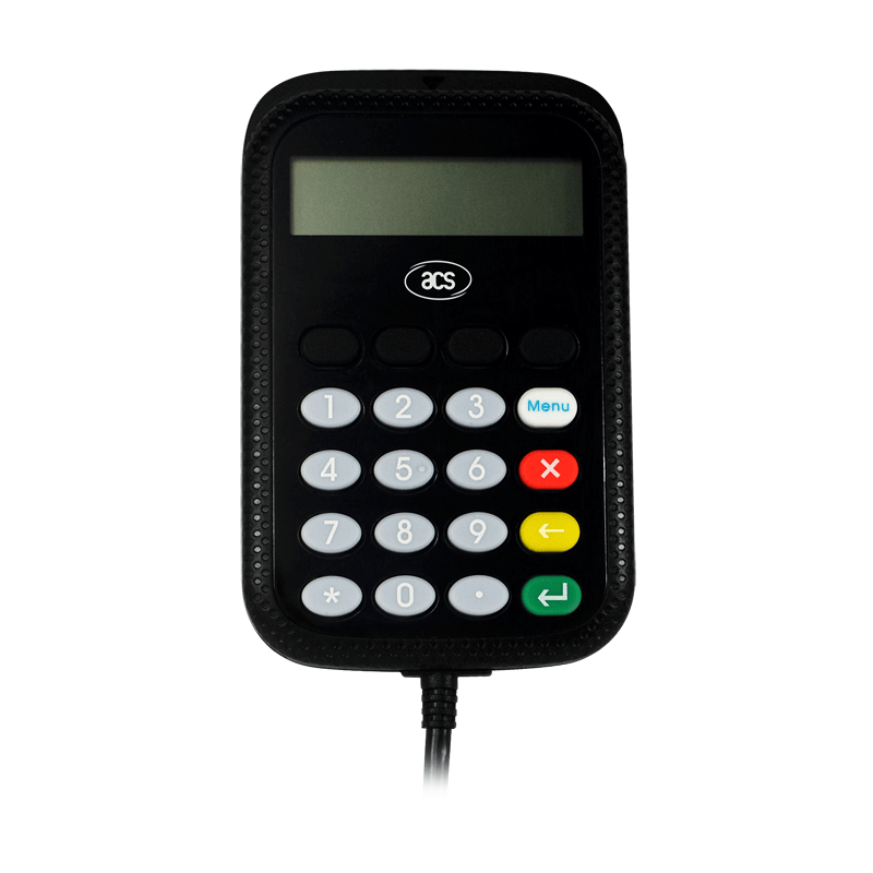 De APG8201-B2 smartcard-pinpad is centraal afgebeeld, met het scherm, de bedieningstoetsen en de gekleurde toetsen duidelijk zichtbaar.