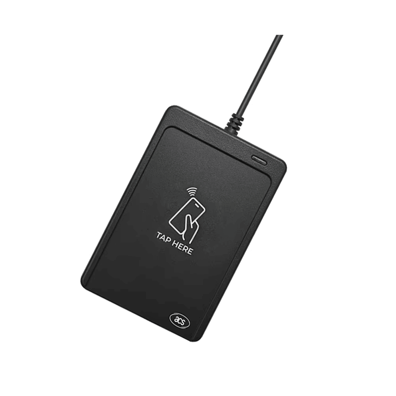 De WalletMate Mobile Wallet NFC Reader wordt afzonderlijk weergegeven in een heldere productafbeelding, met de kabel en het tapsymbool duidelijk in beeld.