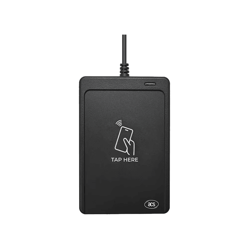 De WalletMate Mobile Wallet NFC Reader staat rechtop in een gecentreerde productafbeelding waarin de voorzijde volledig zichtbaar is.